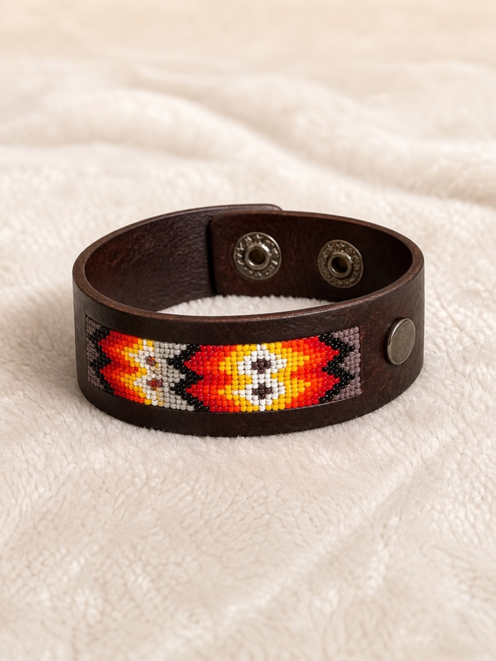 Leather bracelet cuff, hand sewn beading